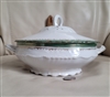 Preowned antique Victoria Austria porcelain round lidded vegetable bowl with gold and green decorative trim and pedestal base