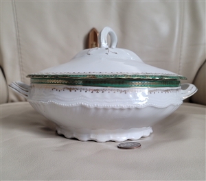 Preowned antique Victoria Austria porcelain round lidded vegetable bowl with gold and green decorative trim and pedestal base
