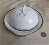 Preowned antique Victoria Austria porcelain lidded muffin butter dish with gold and green decorative trim and scalloped edges