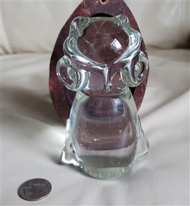 Solid clear art glass owl figurine paperweight hand sculpted with intended bubble inclusions desk accent preowned