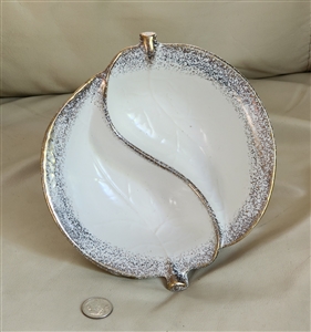 Vintage 1950s California pottery divided leaf serving bowl with gold and silver tone sparkle edges marked 725 USA preowned vintage