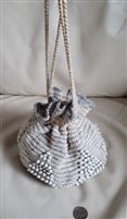 Hand crocheted string drawn bag purse with beads in gray white colors vintage