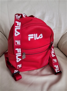Fila red mini backpack purse with white repeating logo tape shoulder straps