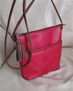 ili New York leather crossbody shoulder purse red and brown colors zipped top large interior storage