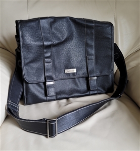 Kenneth Cole REACTION large black fabric messenger bag with a 16 inch wide body and an adjustable heavy-duty shoulder strap for business or school use