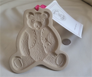 Vintage 1984 Brown Bag Cookie Art Teddy Bear stoneware cookie mold with original recipe pamphlet