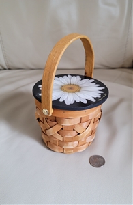 Harold Feinstein daisy painting on a small woven basket lid with artist sign on the lid