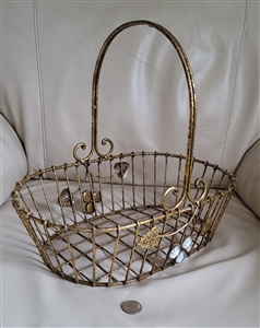 Vintage Grapes Vines Gold Tone Metal Storage Basket 14 Inch Decor
