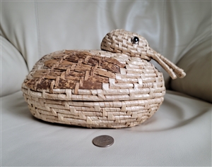 Vintage handcrafted woven seagrass duck shaped basket with removable lid and head