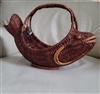 Vintage hand woven rattan catfish basket sculpture with decorative arch handle and side fins