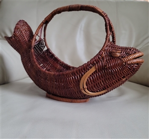 Vintage hand woven rattan catfish basket sculpture with decorative arch handle and side fins