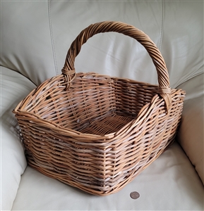 Huge vintage handwoven willow wicker gathering basket with thick branches and sturdy high handle
