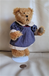 Boyds Mohair bears Megan Bearriman in blue and white dress stuffed bear on a stand