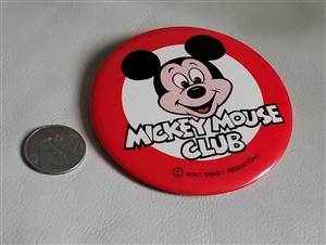 Vintage Mickey Mouse Club member button pin brooch front and pinback view red black silver color