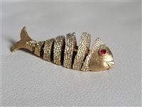 Vintage 60s articulated fish brooch gold tone jewelry with red rhinestone eye