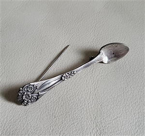 Vintage 1940s Coro sterling silver spoon brooch pin with floral repousse handle