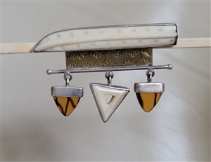 Janice Lee Ripley JLR signed sterling silver tribal architectural brooch with amber dangles