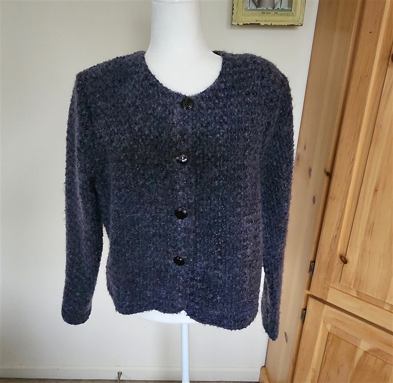 Vintage 90s Dress Barn womens boucle cardigan sweater in plum blue size L front view
