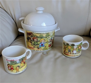 Campbell Soup porcelain tureen and cups in colorful application