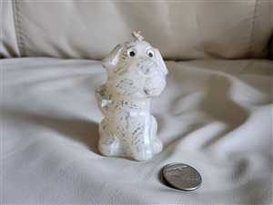 vintage white and gray shaggy dog figural wax candle with googly eyes preowned