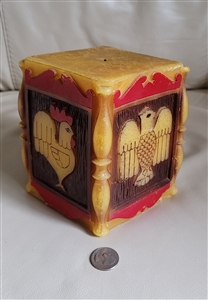 Wax pillar candle 1970s rooster eagle relief carving mustard yellow blood red Americana decor