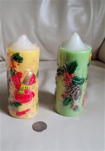 Vintage two Christmas Holidays Pillar candles collectible set of wax holiday season decorated candles