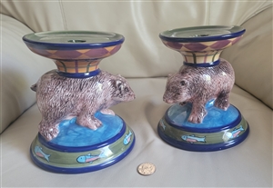 Zrike Danna Cullen Bear and Fish 2 porcelain pillar candle holders nautical lodge design 2000s