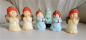 Vintage Set of 6 Small Wax Christmas Candles Angels and Tree