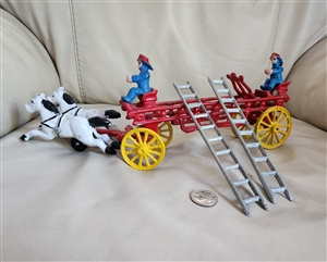 Cast iron fire wagon with firemen and accessories
