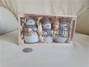 Vintage Pier 1 Imports 3 porcelain snowball snowman bells ornaments in rustic wooden crate box