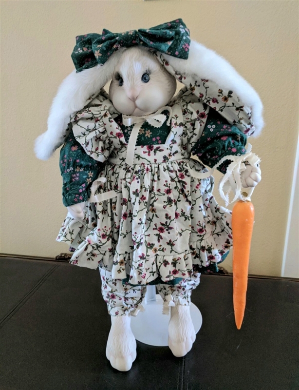19 inch KAIS porcelain 1995 Beatrice Bunny doll with floral dress and carrot accessory