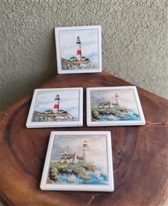 Ceramic lighthouses decorated Coasters set in colorful detailed design