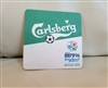Preowned vintage official Carlsberg UEFA Euro 96 England cardboard beer mat coaster showcasing MasterCard reverse design