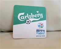 Preowned vintage official Carlsberg UEFA Euro 96 England cardboard beer mat coaster showcasing MasterCard reverse design