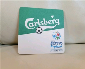 Preowned vintage official Carlsberg UEFA Euro 96 England cardboard beer mat coaster showcasing MasterCard reverse design