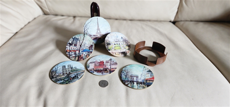 preowned vintage paris landmarks pressed paper coaster set holder souvenir home decor