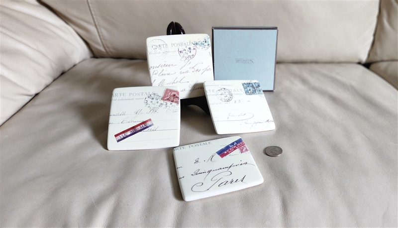 Restoration Hardware ceramic coasters with vintage French postcard designs and cork backing in original box