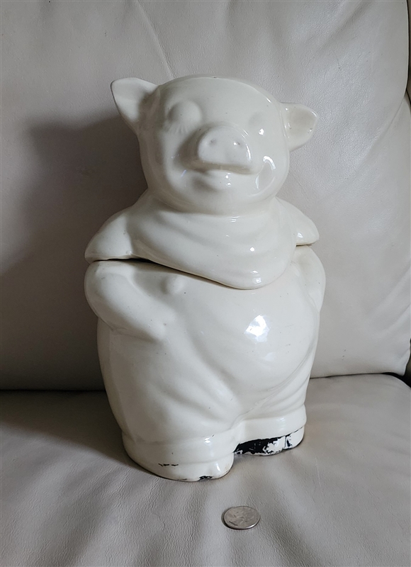Vintage 1940s glossy American Bisque Smiley pig cookie jar with interior crazing only and molded eyelashes