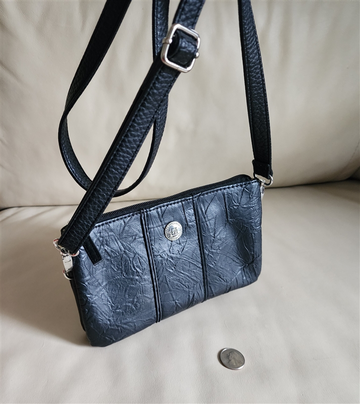Stone Mountain modern women's black vegan leather 3 compartment crossbody shoulder bag front view