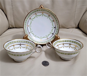 Rare Cauldon China England gold encrusted teacup with green interior and matching saucer plus one extra teacup