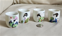Geisha decorated Sake drinking cups set of 4 Japan