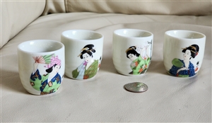 Geisha decorated Sake drinking cups set of 4 Japan