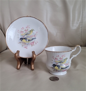 Teacup and saucer porcelain Finches decor Minster England elegant colorful birds collectible daily use set and gifts idea
