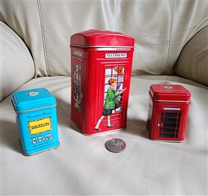 1990s english telephone booth money bank and lidded tea tin boxes preowned