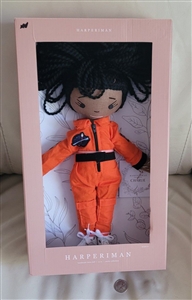 Preowned vintage Harperiman Charlie 2021 astronaut fourteen inch handmade linen doll new in original pink display box