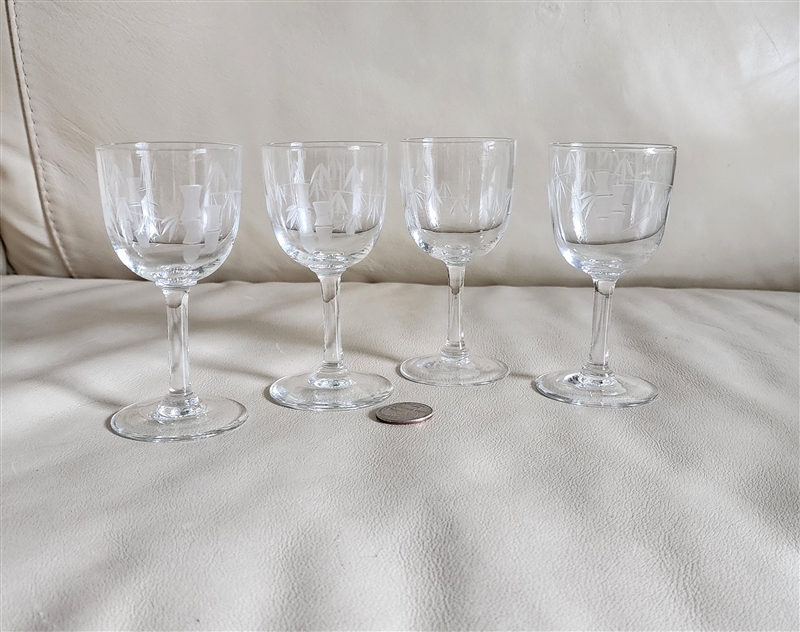 Four Noritake Sasaki Bamboo etched crystal sherry glasses