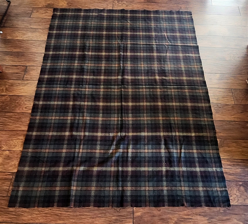 Vintage plaid woven wool blend fabric remnant charcoal forest green burgundy yellow 75 by 58 inches raw edges