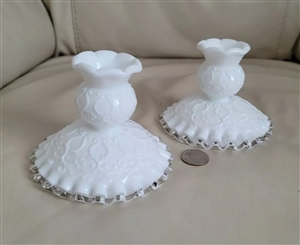 Pair of vintage Fenton Spanish Lace milk glass candle holders with clear ruffled edges and partial label