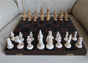 1960s 1970s Leather Bound Wooden Chess Board Box Set with Medieval Plastic Pieces
