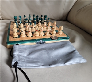 1970s Hand Carved Wooden Chess Set Green Red Pieces Folding Board Budapest Hungary